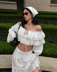 ROVENTE Ruffled Off-Shoulder Top & Draped Skirt Set