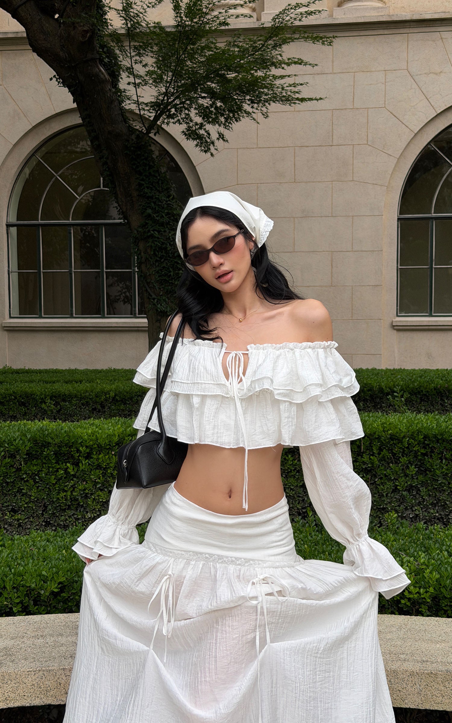 ROVENTE Ruffled Off-Shoulder Top &amp; Draped Skirt Set