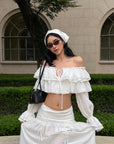 ROVENTE Ruffled Off-Shoulder Top & Draped Skirt Set
