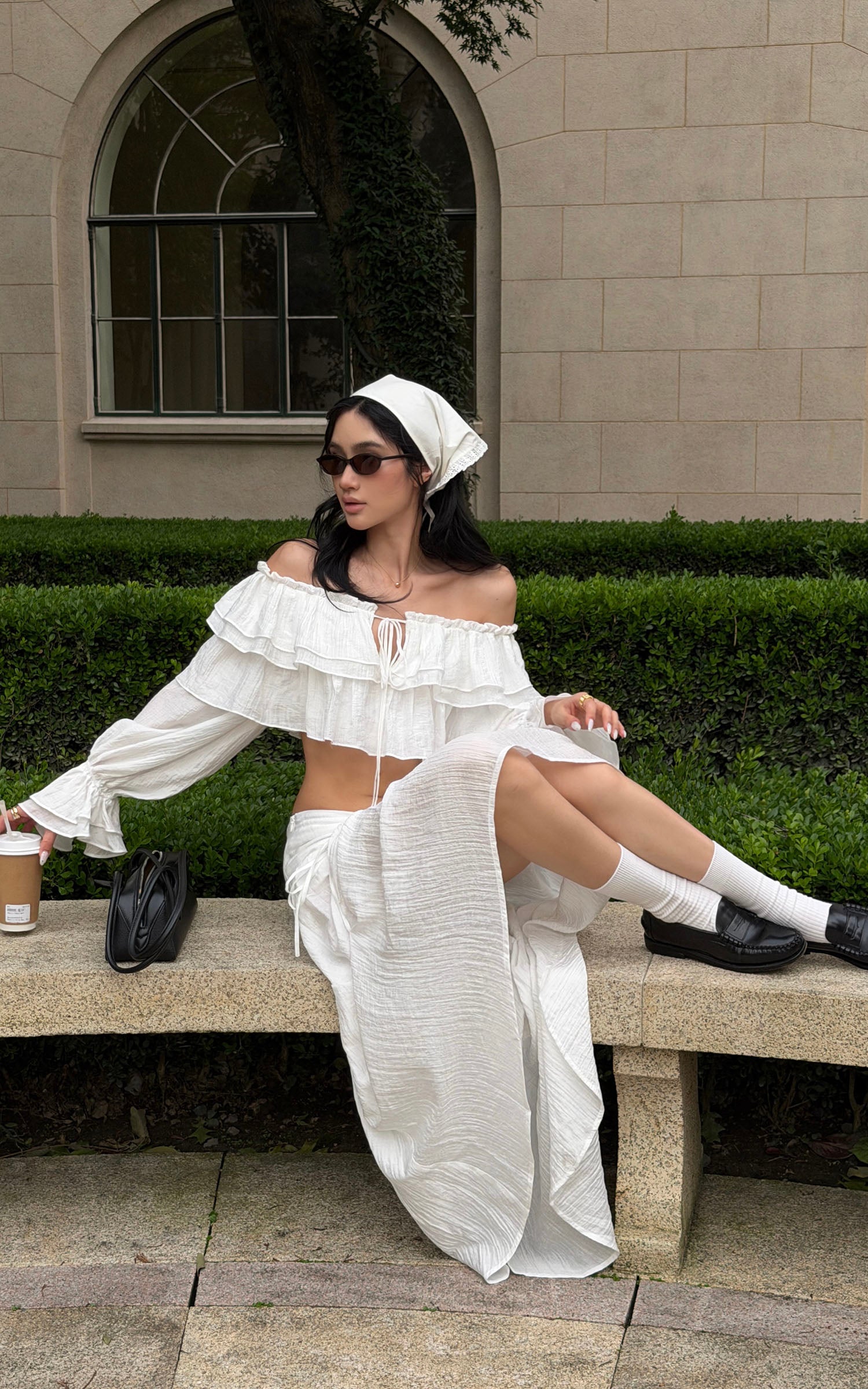 ROVENTE Ruffled Off-Shoulder Top &amp; Draped Skirt Set