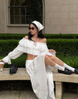 ROVENTE Ruffled Off-Shoulder Top & Draped Skirt Set