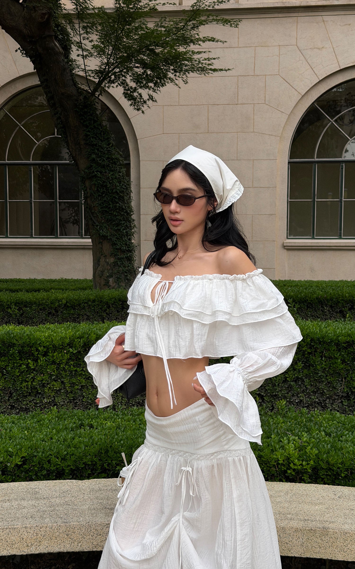 ROVENTE Ruffled Off-Shoulder Top &amp; Draped Skirt Set