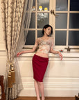 Hydrae Low-Rise Ribbed Midi Skirt with Lace-Trim Waist