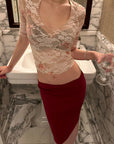 Hydrae Low-Rise Ribbed Midi Skirt with Lace-Trim Waist