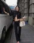 Hydrae Military Button Cropped Jacket & Low-Rise Wide-Leg Pants Two-Piece Set