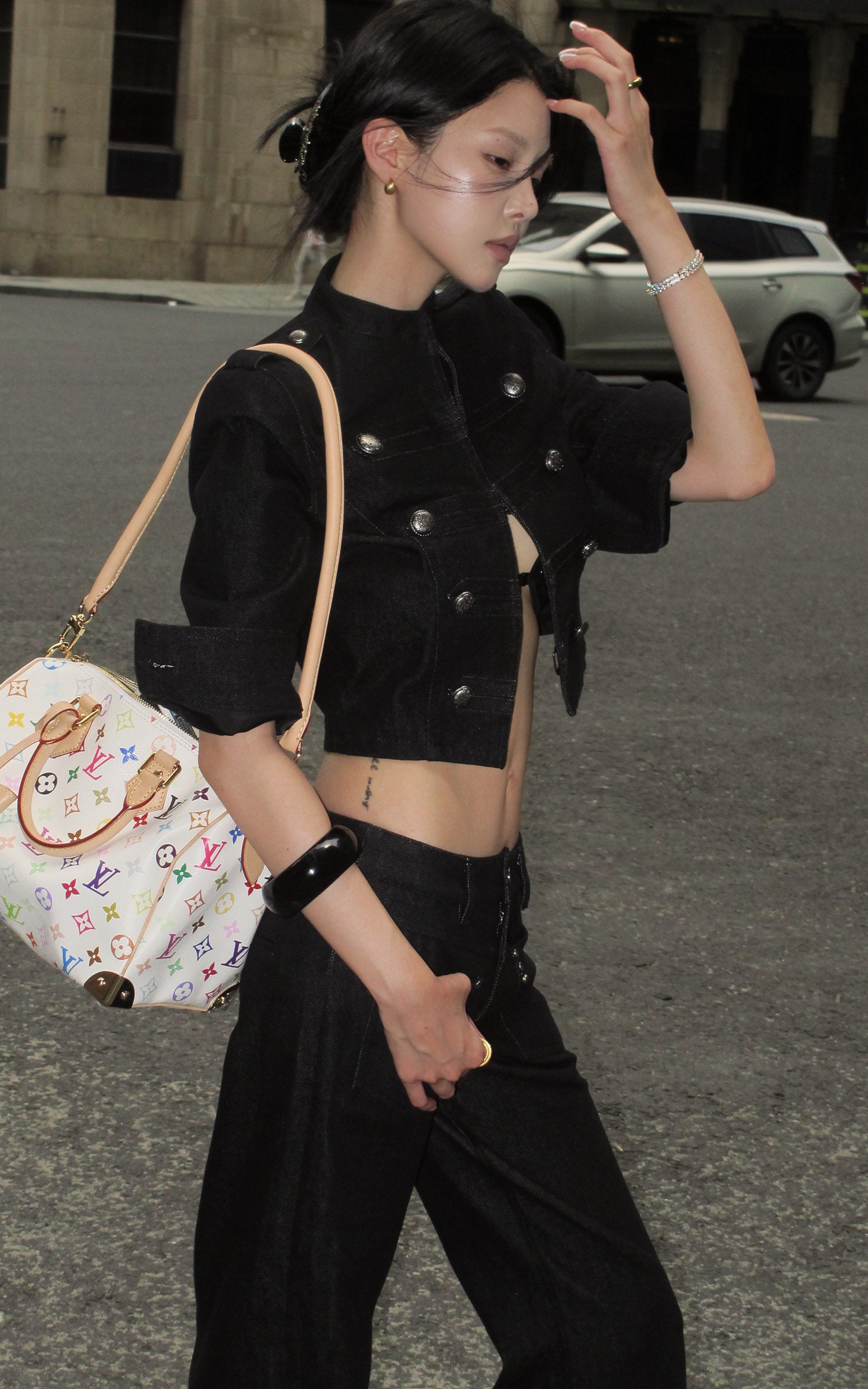 Hydrae Military Button Cropped Jacket &amp; Low-Rise Wide-Leg Pants Two-Piece Set