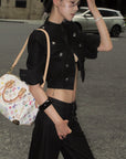 Hydrae Military Button Cropped Jacket & Low-Rise Wide-Leg Pants Two-Piece Set