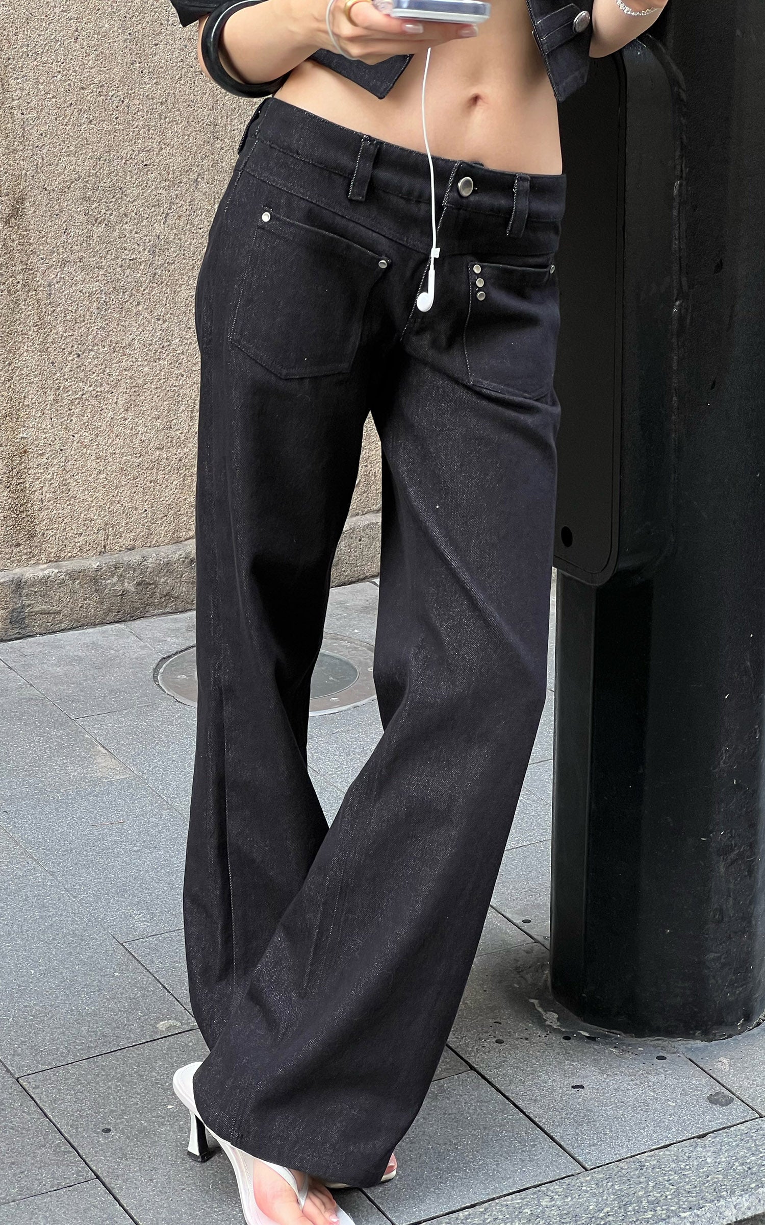 Hydrae Military Button Cropped Jacket &amp; Low-Rise Wide-Leg Pants Two-Piece Set