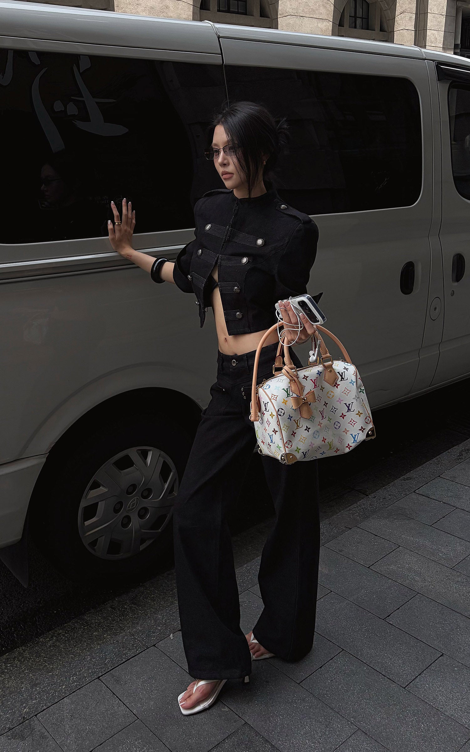Hydrae Military Button Cropped Jacket &amp; Low-Rise Wide-Leg Pants Two-Piece Set