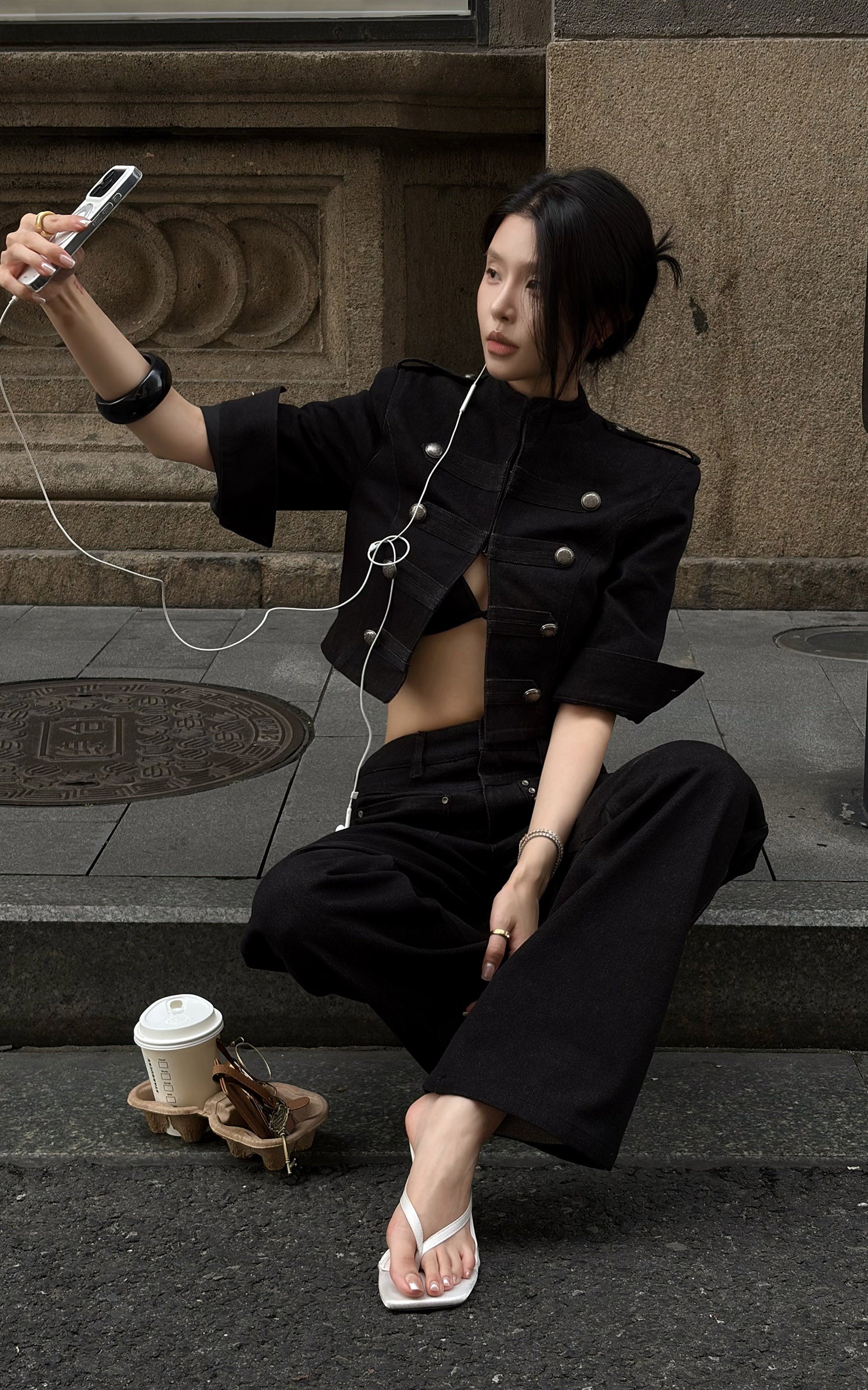 Hydrae Military Button Cropped Jacket &amp; Low-Rise Wide-Leg Pants Two-Piece Set