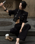 Hydrae Military Button Cropped Jacket & Low-Rise Wide-Leg Pants Two-Piece Set