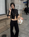 Hydrae Military Button Cropped Jacket & Low-Rise Wide-Leg Pants Two-Piece Set