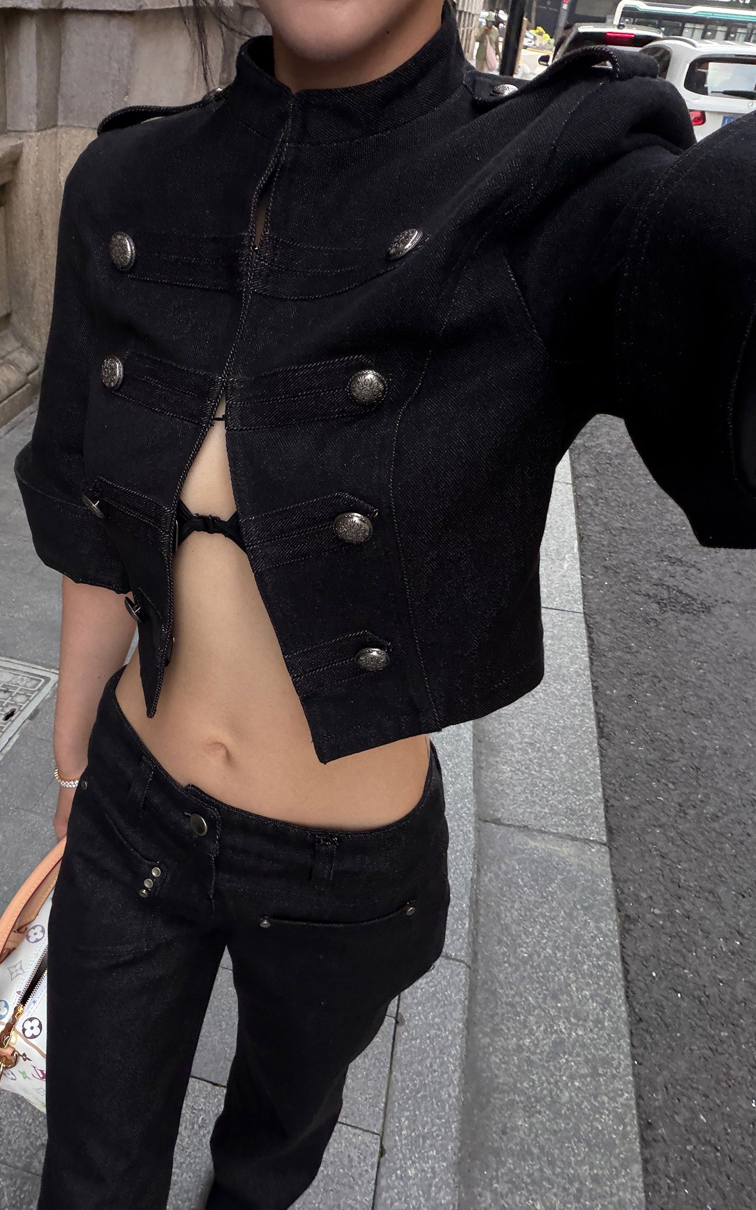 Hydrae Military Button Cropped Jacket &amp; Low-Rise Wide-Leg Pants Two-Piece Set