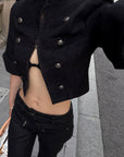 Hydrae Military Button Cropped Jacket & Low-Rise Wide-Leg Pants Two-Piece Set