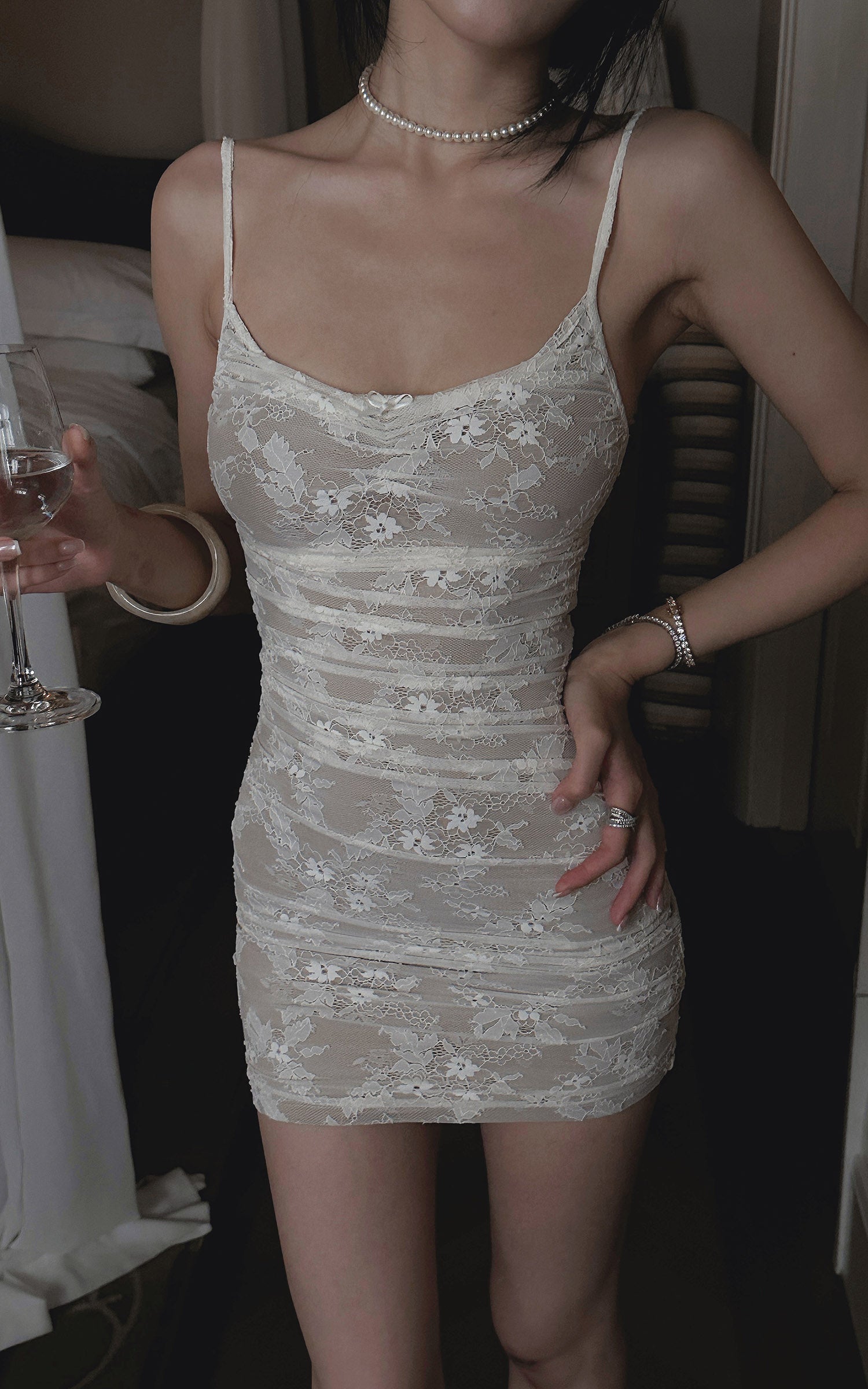 Hydrae Ivory Floral Lace Ruched Bodycon Camisole Mini Dress
