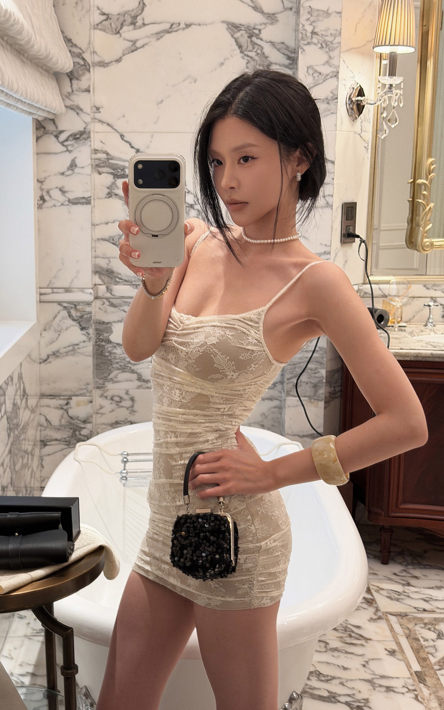 Hydrae Ivory Floral Lace Ruched Bodycon Camisole Mini Dress