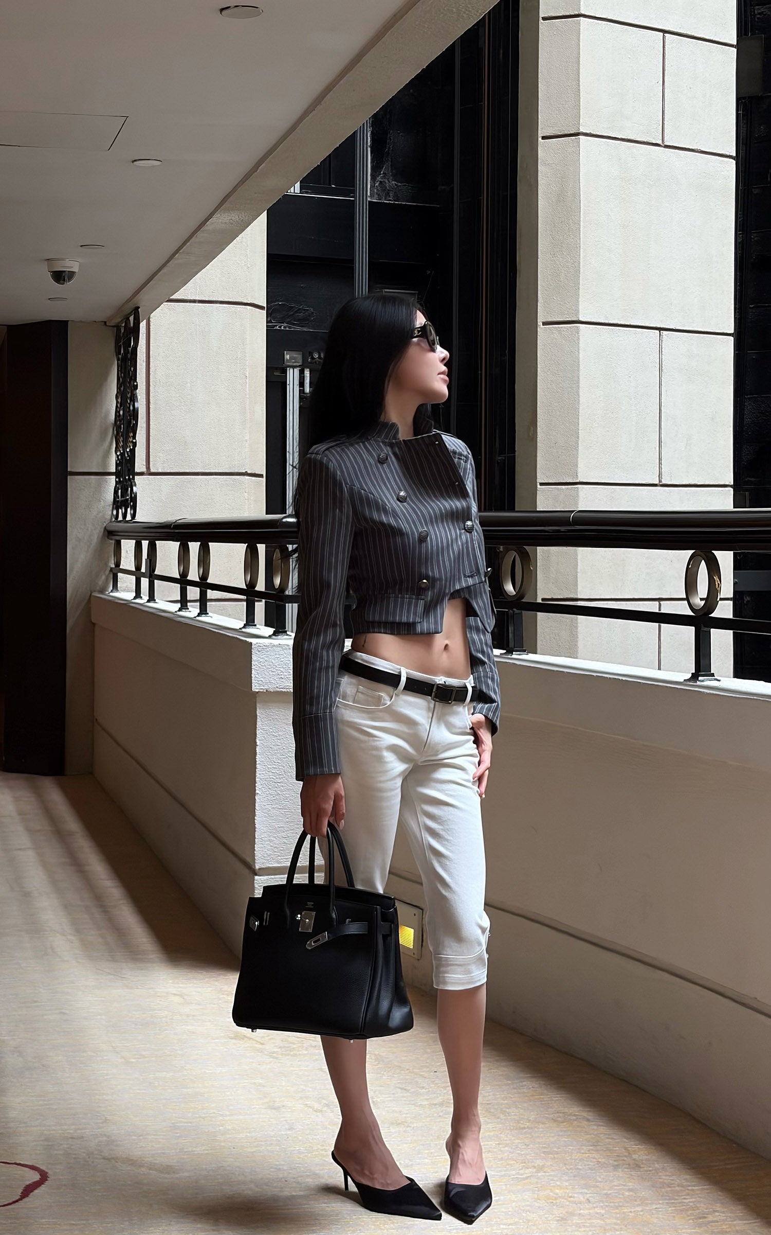 Hydrae Pinstripe Double-Breasted Military Cropped Tailored Jacket