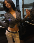 Hydrae Pinstripe Double-Breasted Military Cropped Tailored Jacket