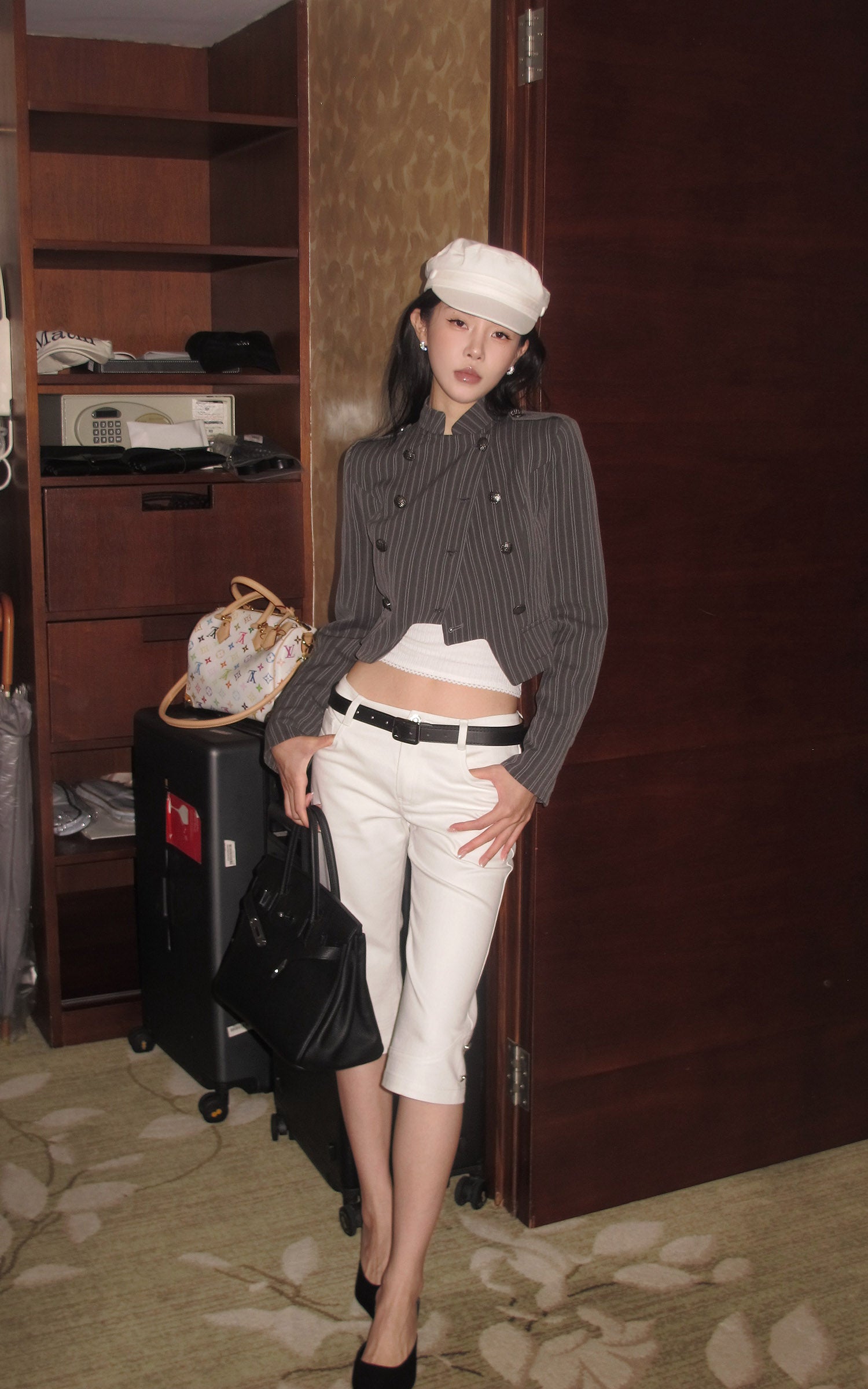 Hydrae Pinstripe Double-Breasted Military Cropped Tailored Jacket