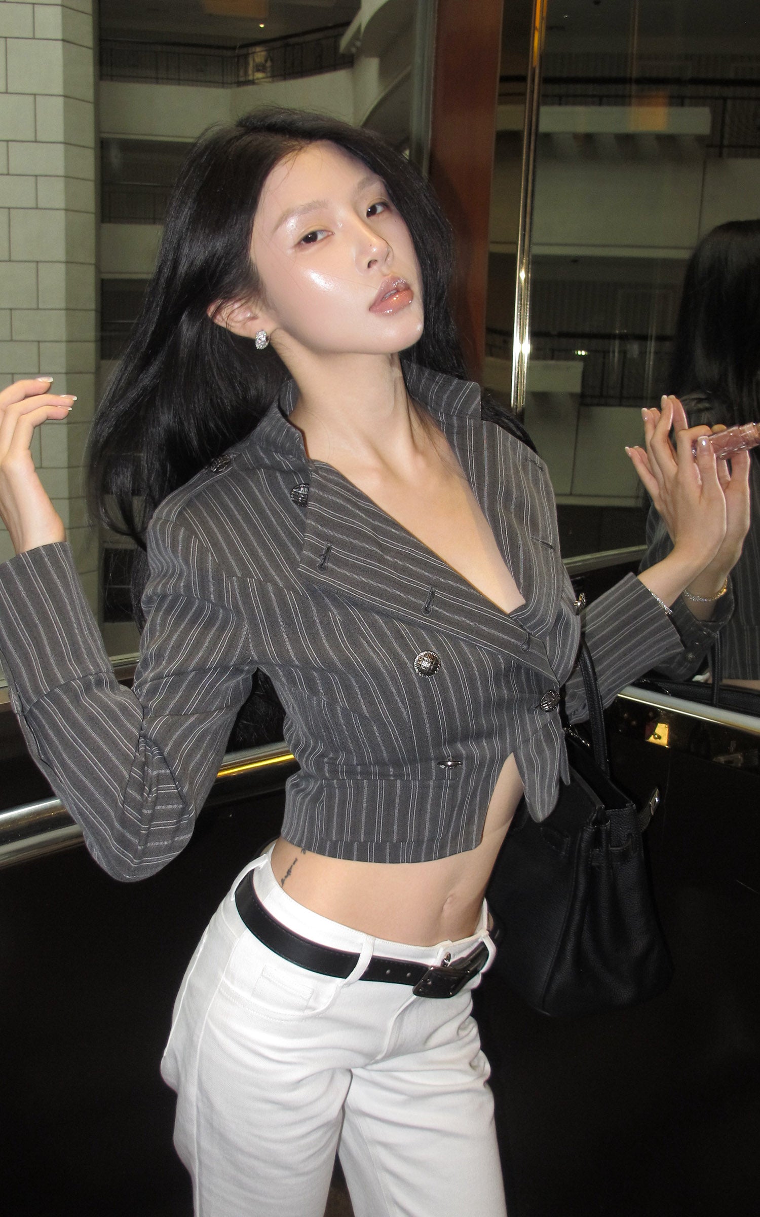 Hydrae Pinstripe Double-Breasted Military Cropped Tailored Jacket