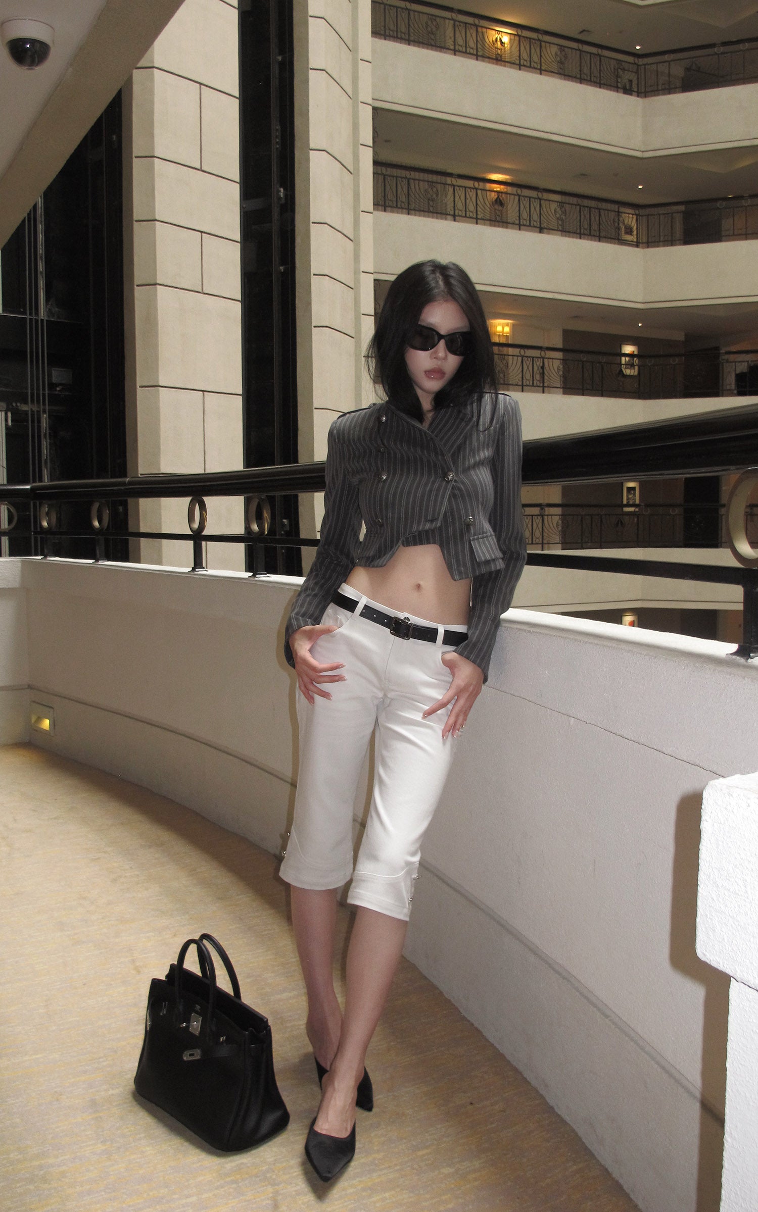 Hydrae Pinstripe Double-Breasted Military Cropped Tailored Jacket
