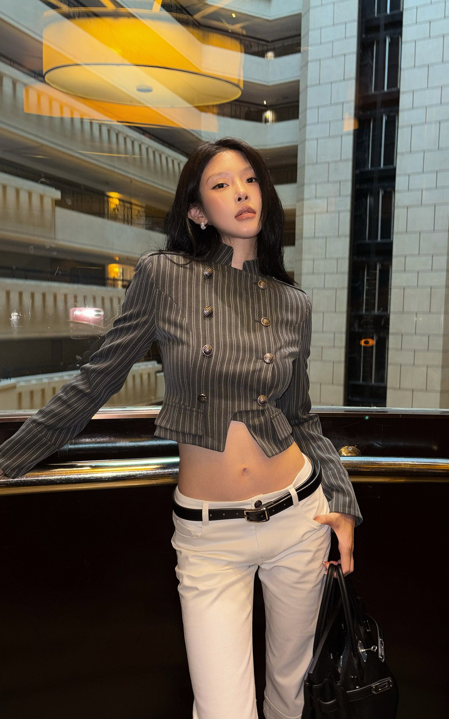 Hydrae Pinstripe Double-Breasted Military Cropped Tailored Jacket