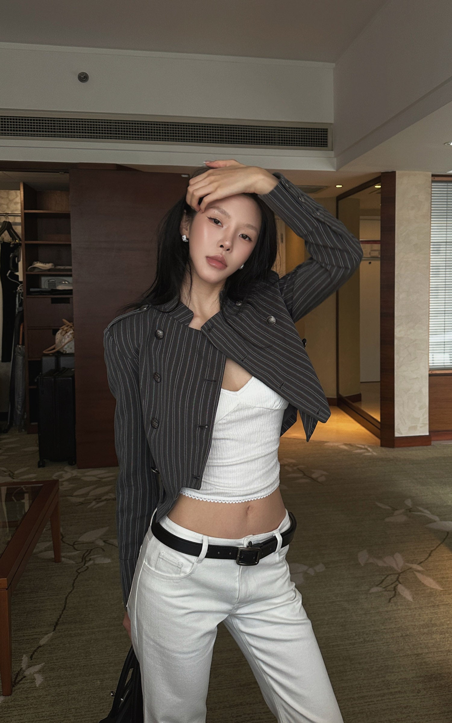 Hydrae Pinstripe Double-Breasted Military Cropped Tailored Jacket