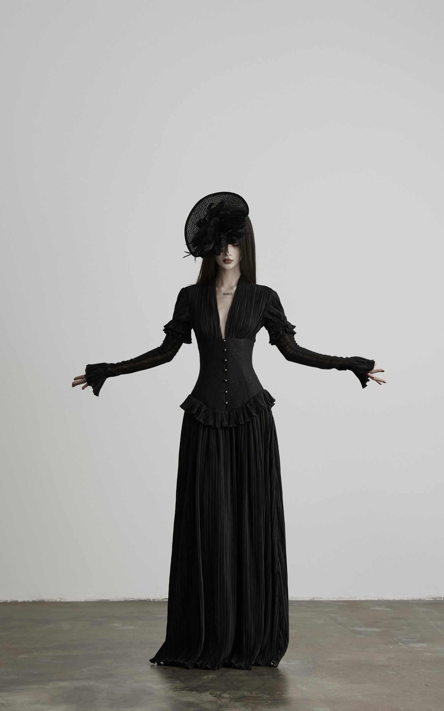 DOINDULGE Deep V Corset Waist Pleated Maxi Dress