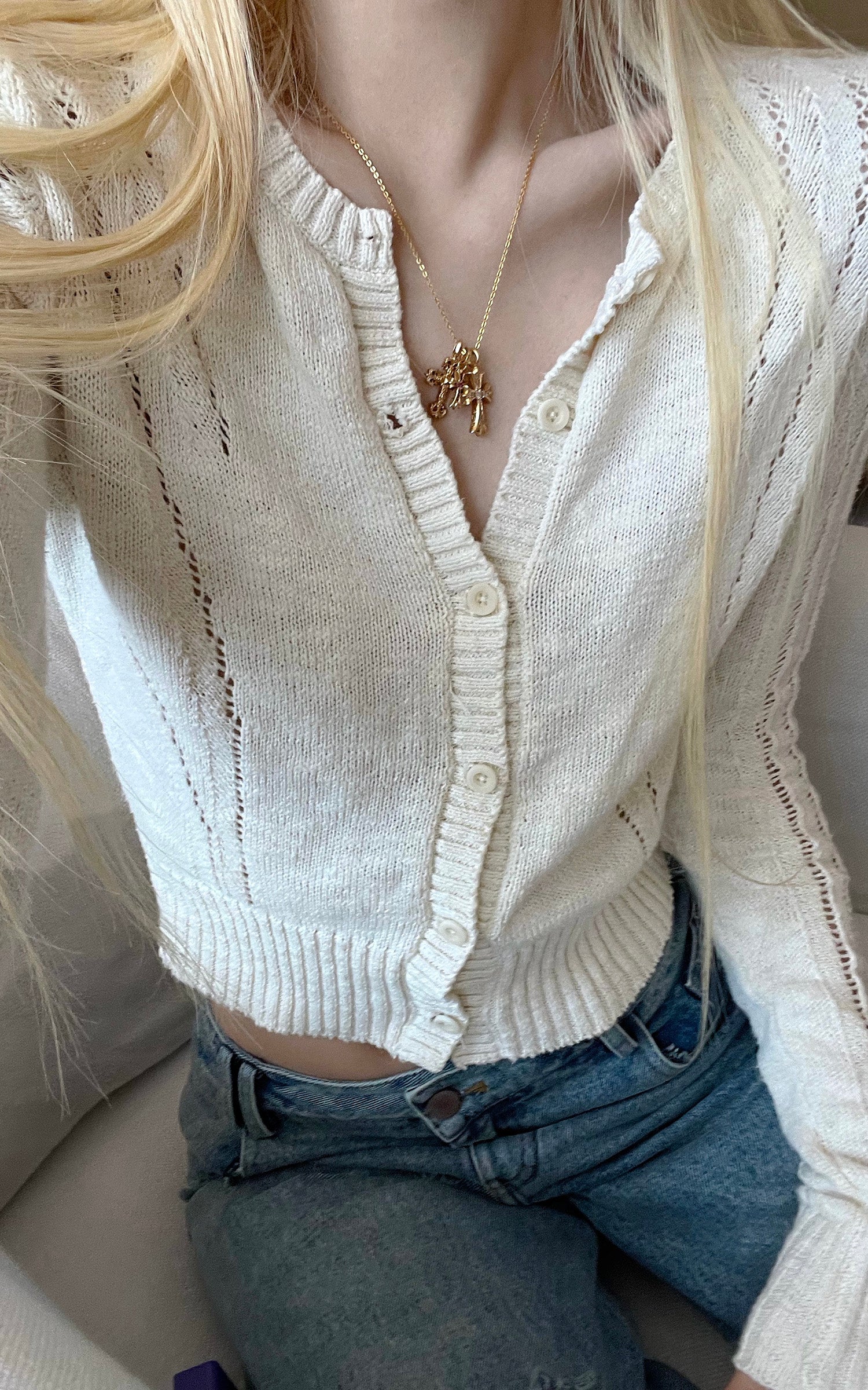 Rase le sol Openwork Pointelle Knit Button-Front Slim Long Sleeve Cardigan