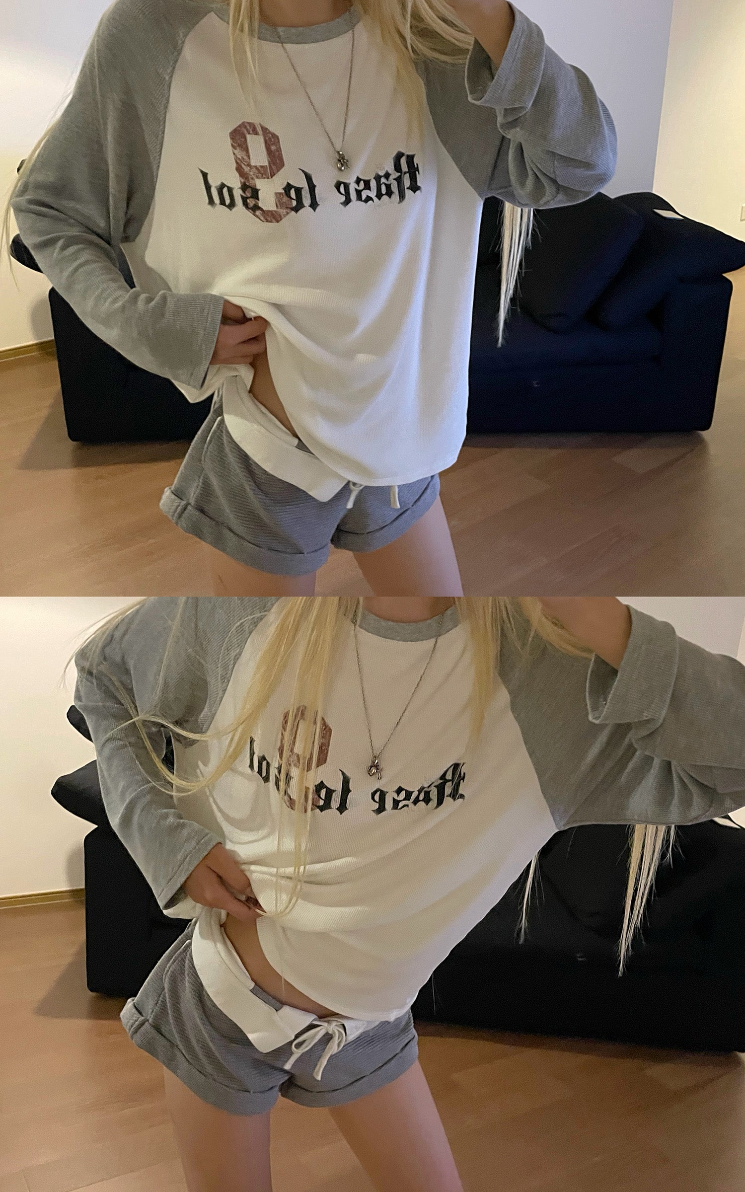 Rase le sol Contrast Raglan Graphic Long Sleeve Top &amp; Low-Rise Shorts Set