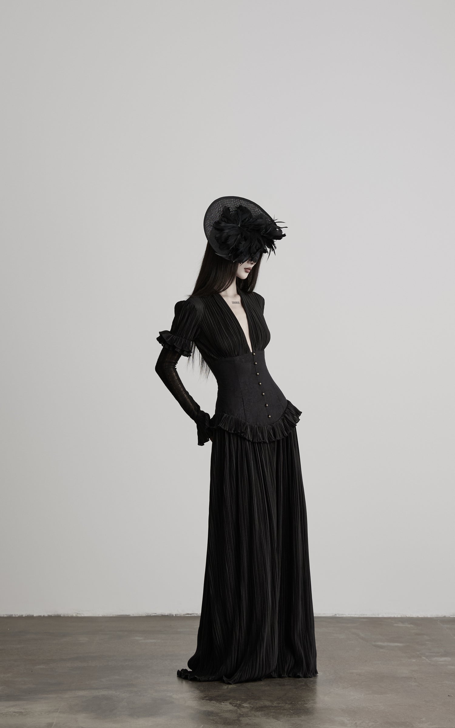 DOINDULGE Deep V Corset Waist Pleated Maxi Dress