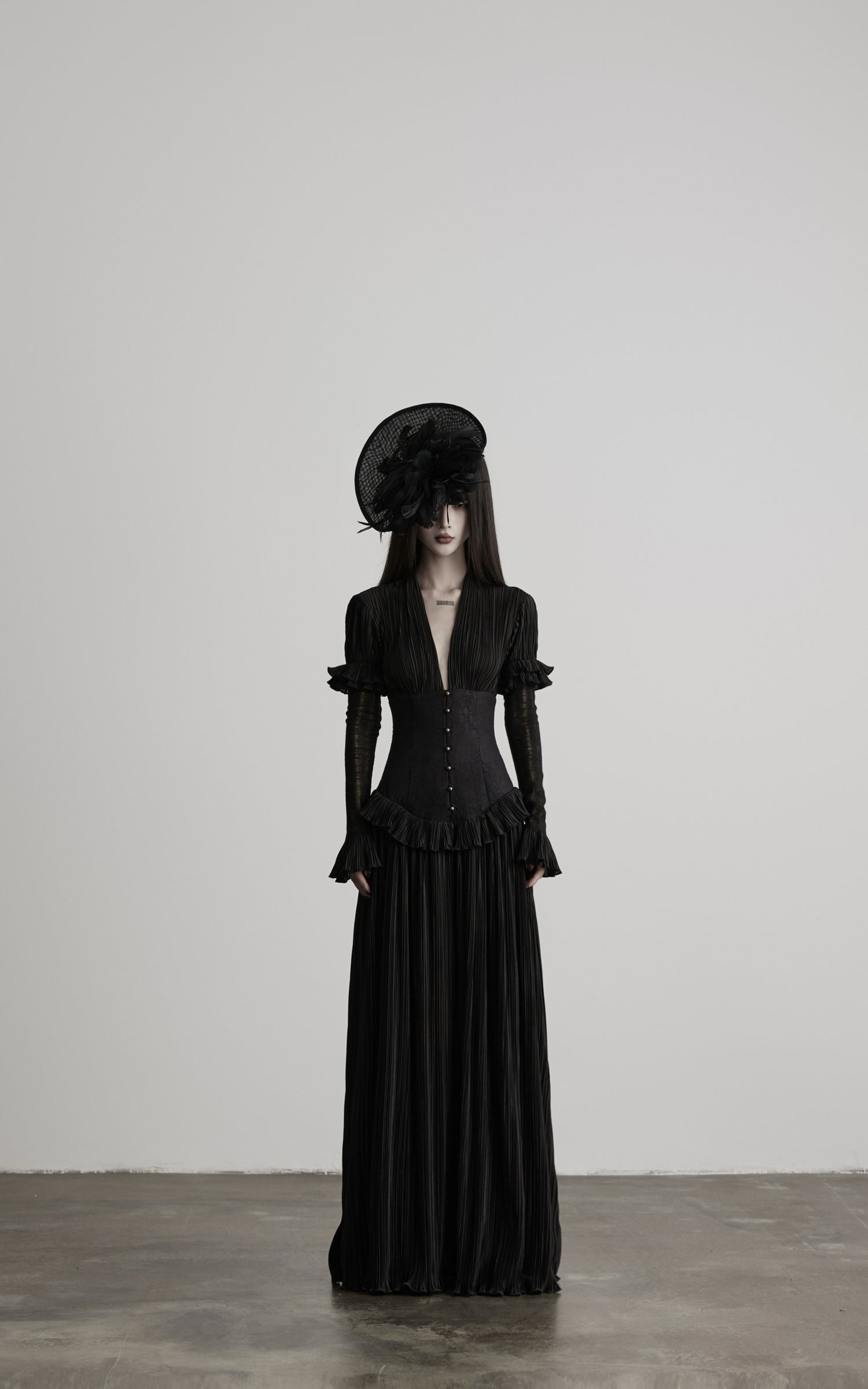 DOINDULGE Deep V Corset Waist Pleated Maxi Dress
