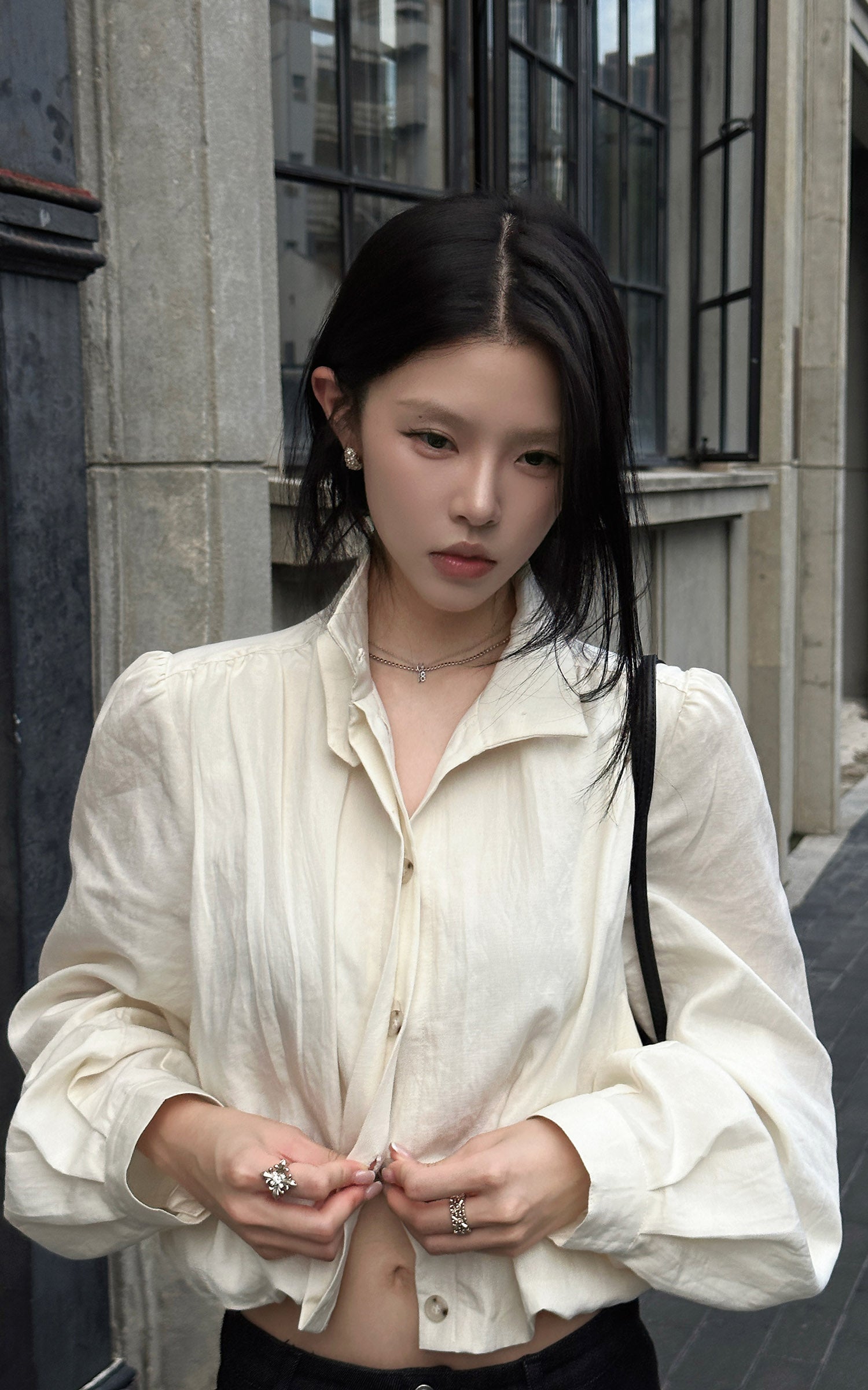 Hydrae Gathered High-Neck Cropped Shirt with Convertible Collar and Sculpted Volume Sleeves