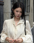 Hydrae Gathered High-Neck Cropped Shirt with Convertible Collar and Sculpted Volume Sleeves