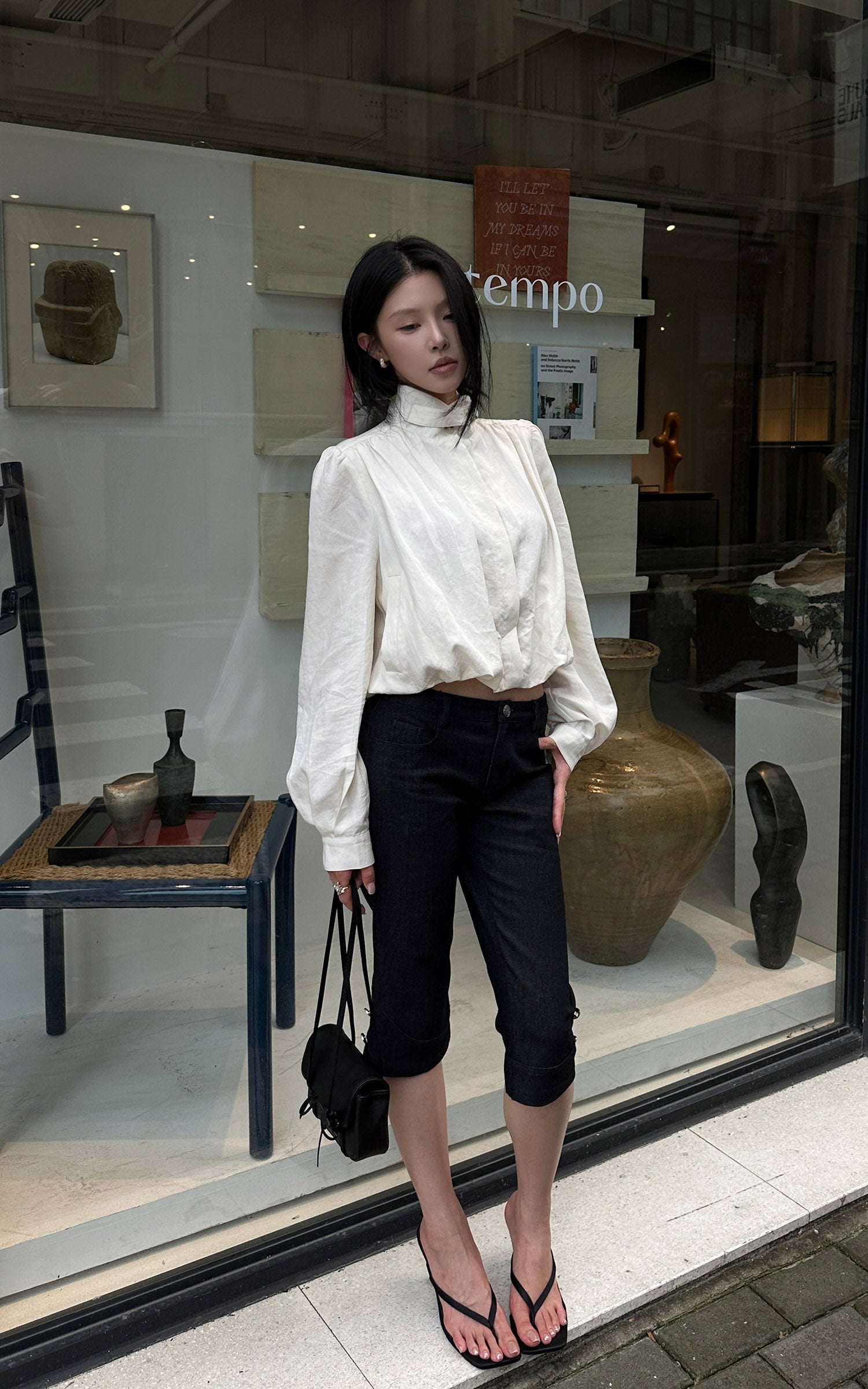 Hydrae Gathered High-Neck Cropped Shirt with Convertible Collar and Sculpted Volume Sleeves