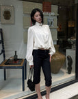 Hydrae Gathered High-Neck Cropped Shirt with Convertible Collar and Sculpted Volume Sleeves