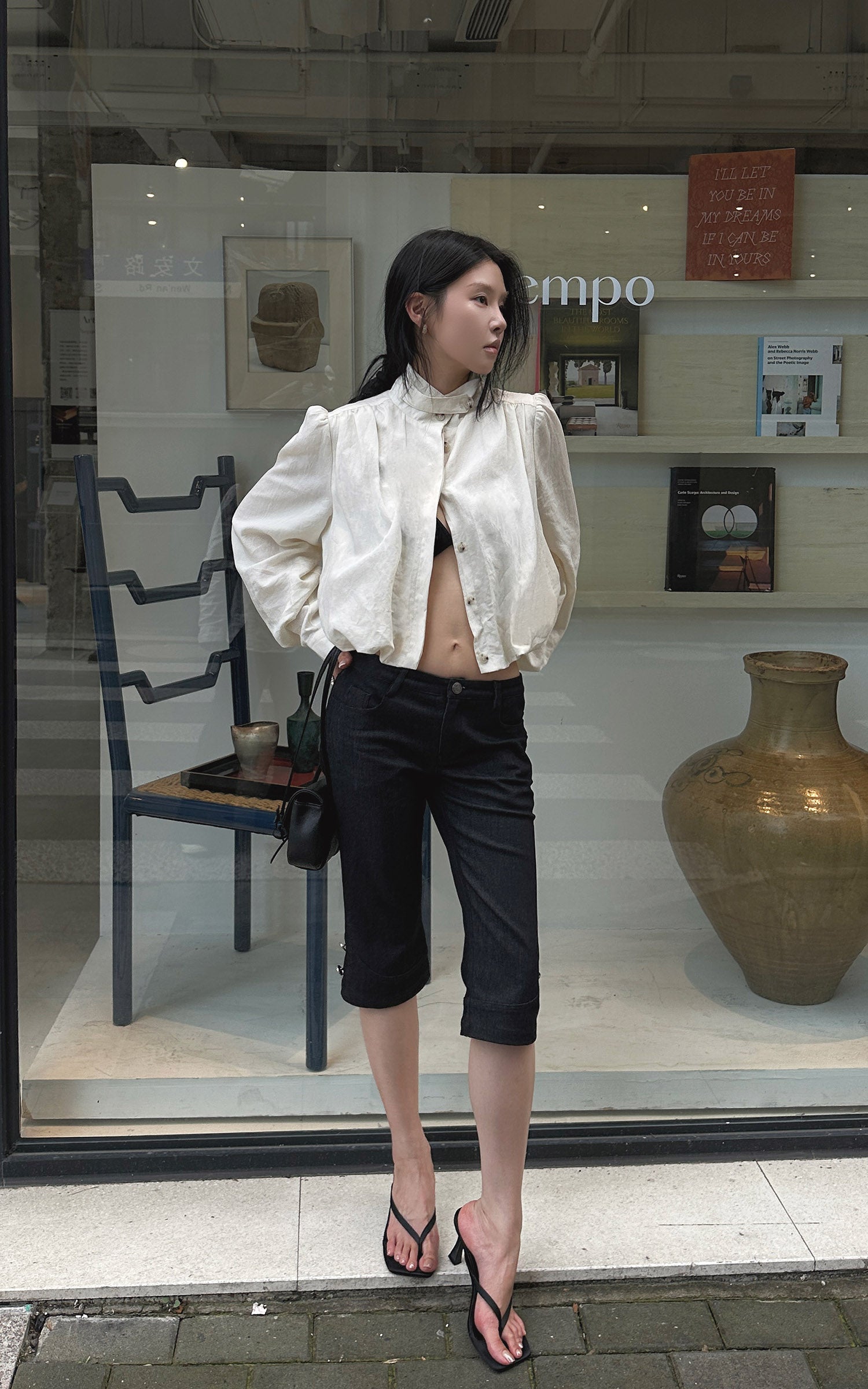 Hydrae Gathered High-Neck Cropped Shirt with Convertible Collar and Sculpted Volume Sleeves