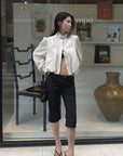 Hydrae Gathered High-Neck Cropped Shirt with Convertible Collar and Sculpted Volume Sleeves
