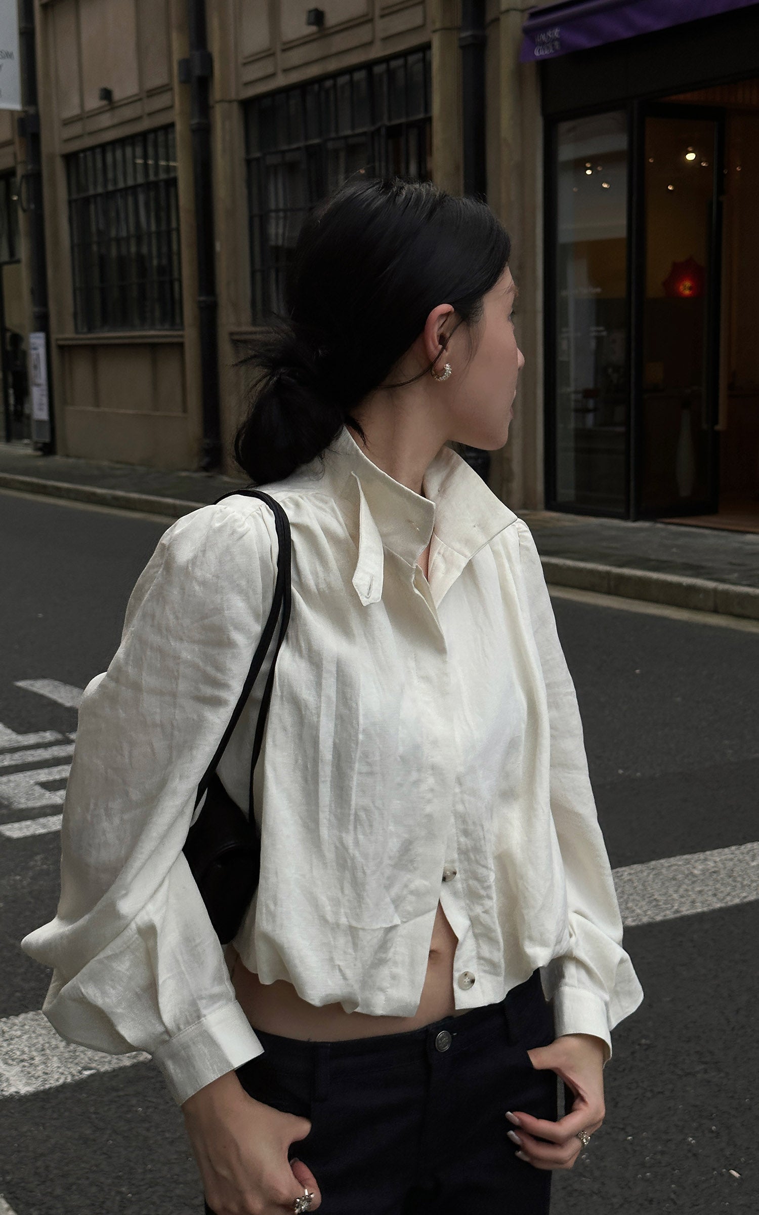 Hydrae Gathered High-Neck Cropped Shirt with Convertible Collar and Sculpted Volume Sleeves