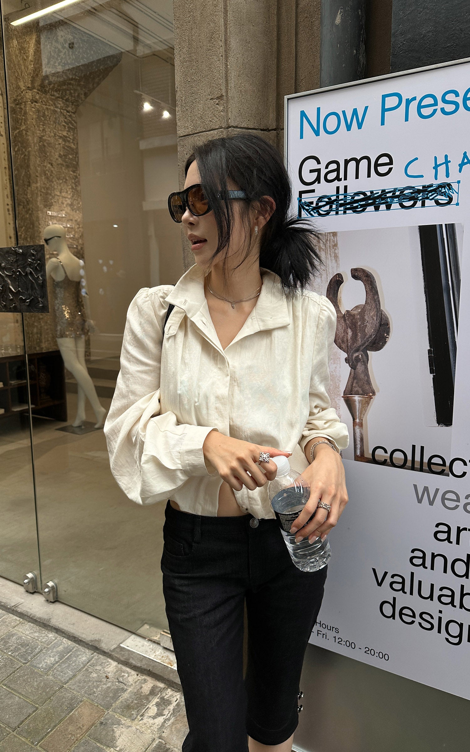 Hydrae Gathered High-Neck Cropped Shirt with Convertible Collar and Sculpted Volume Sleeves