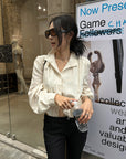 Hydrae Gathered High-Neck Cropped Shirt with Convertible Collar and Sculpted Volume Sleeves
