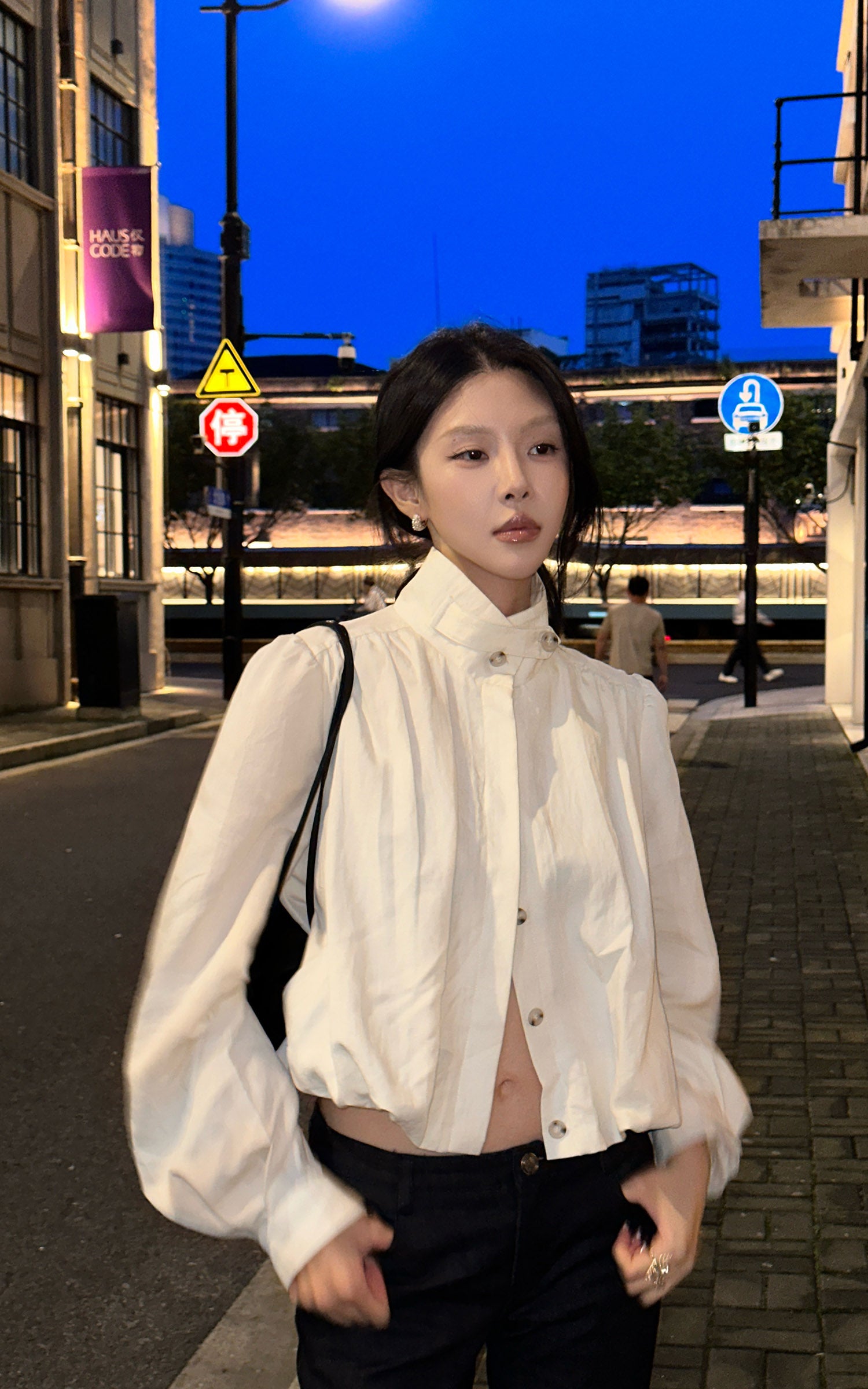 Hydrae Gathered High-Neck Cropped Shirt with Convertible Collar and Sculpted Volume Sleeves