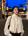 Hydrae Gathered High-Neck Cropped Shirt with Convertible Collar and Sculpted Volume Sleeves