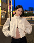 Hydrae Gathered High-Neck Cropped Shirt with Convertible Collar and Sculpted Volume Sleeves