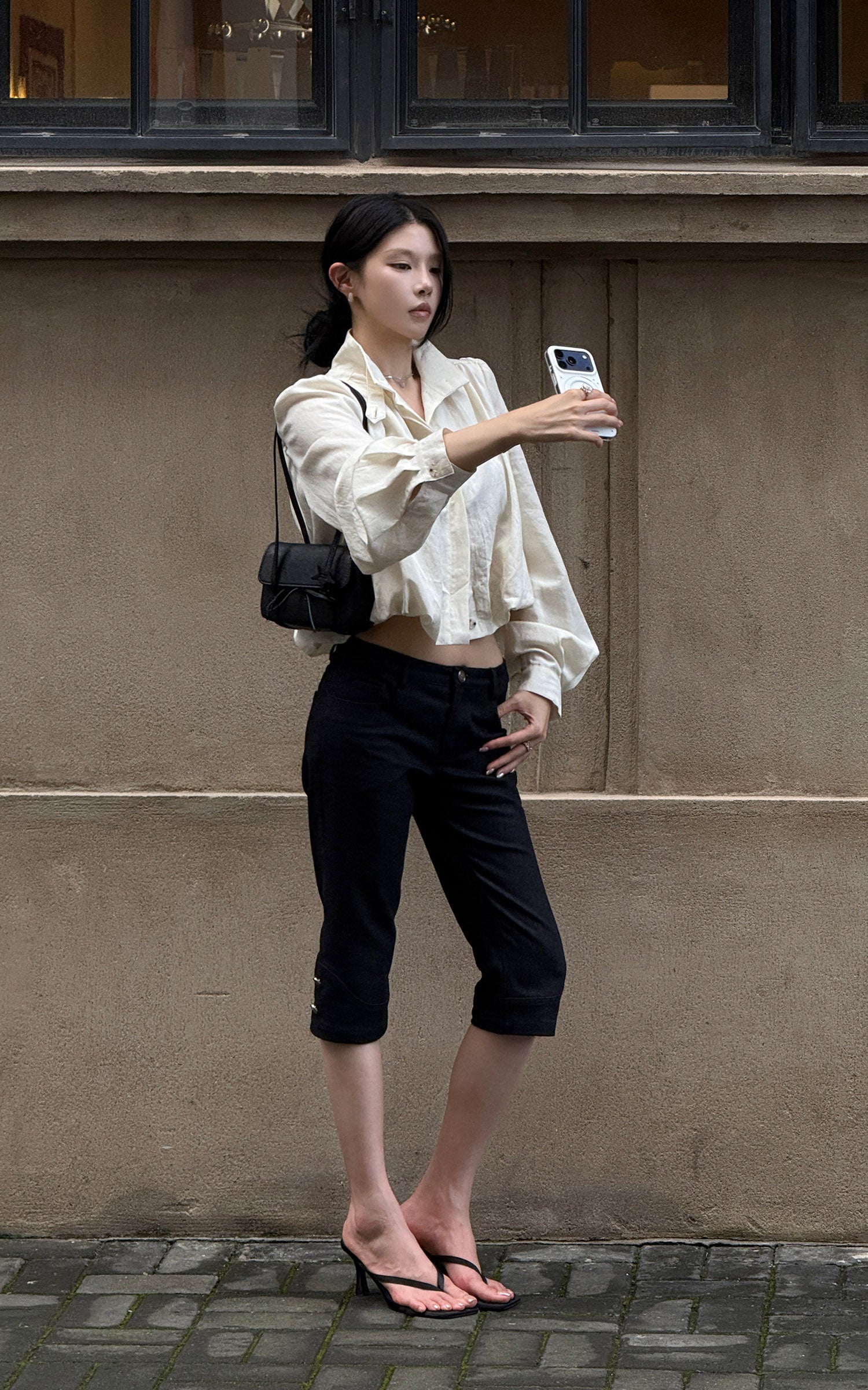 Hydrae Gathered High-Neck Cropped Shirt with Convertible Collar and Sculpted Volume Sleeves