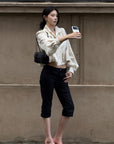 Hydrae Gathered High-Neck Cropped Shirt with Convertible Collar and Sculpted Volume Sleeves