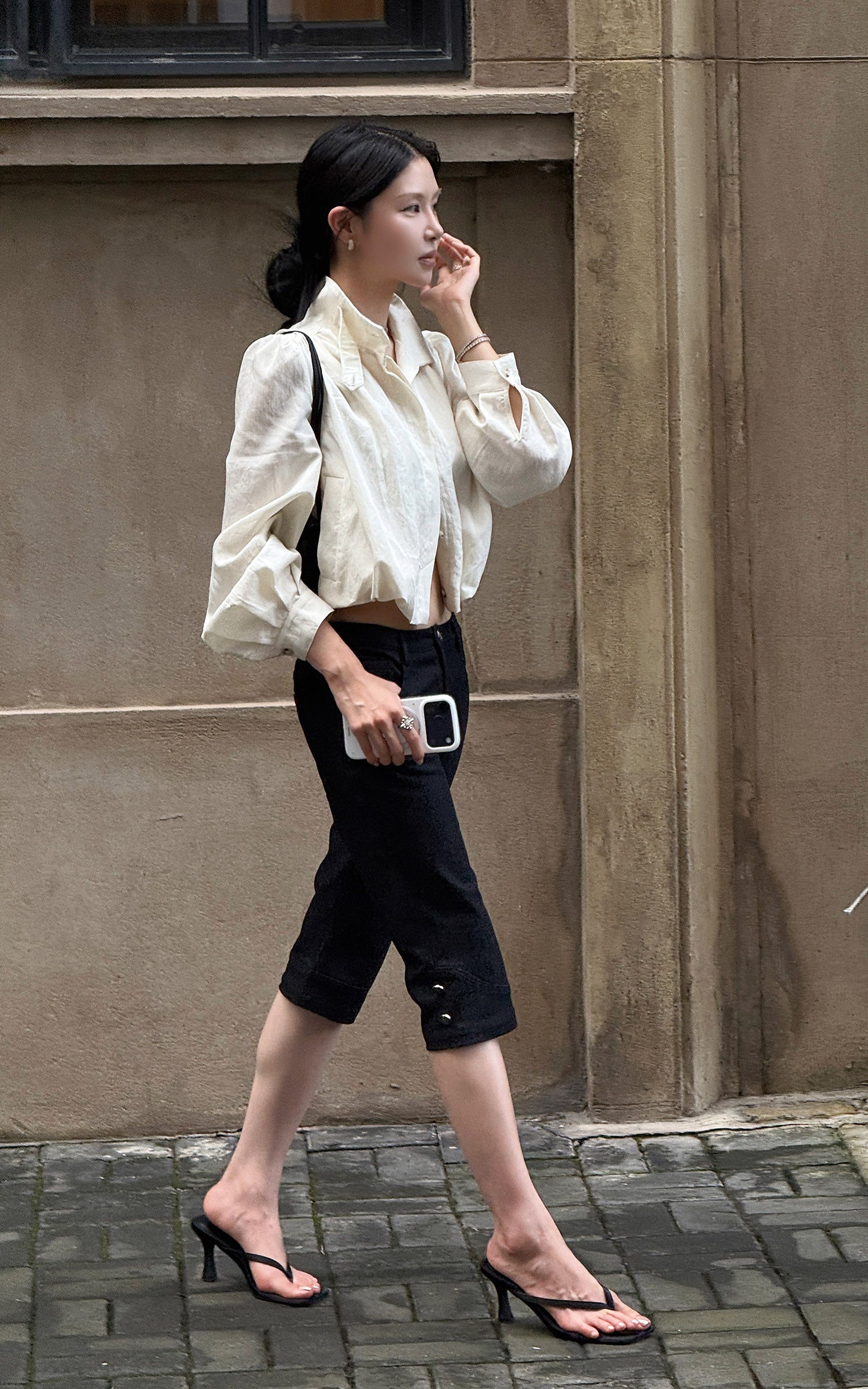 Hydrae Gathered High-Neck Cropped Shirt with Convertible Collar and Sculpted Volume Sleeves