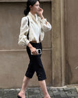 Hydrae Gathered High-Neck Cropped Shirt with Convertible Collar and Sculpted Volume Sleeves