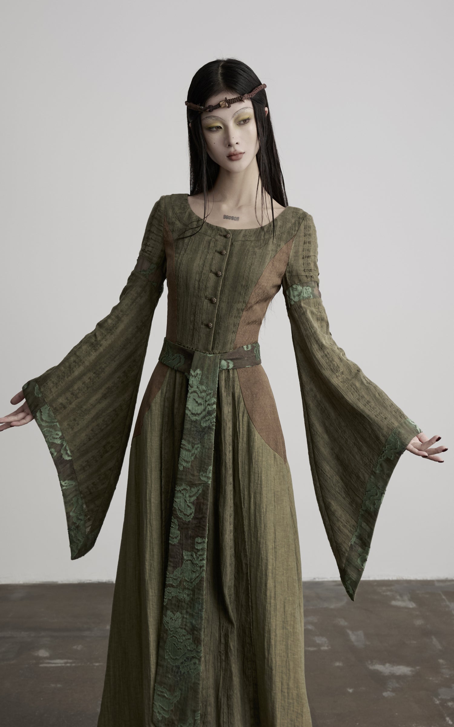 DOINDULGE Patchwork Bell Sleeve Belted Maxi Dress