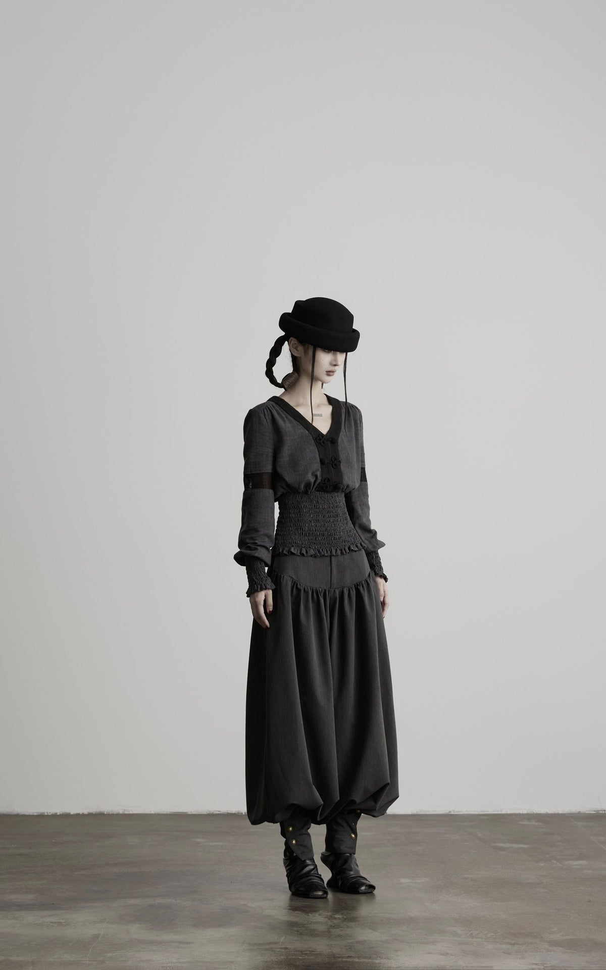 DOINDULGE V-Neck Smocked-Waist Long-Sleeve Blouse